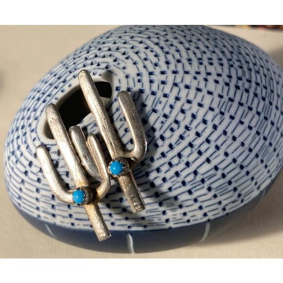 Silver & Turquoise Earrings Tiny Cactus Saguaro Pierced ~ Desert Love - Picture 2 of 7